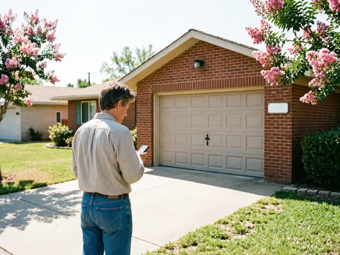 A man stands in a driveway looking at his phone, facing a house with a garage door.
