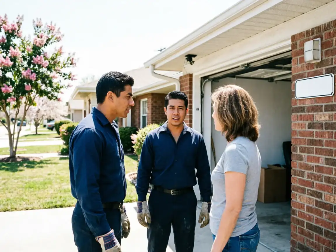 Two technicians in blue uniforms talk to a woman in front of a garage.