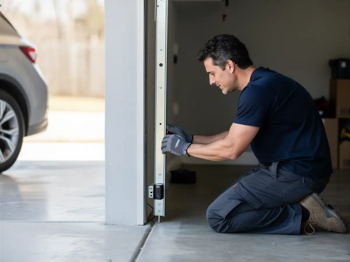 A technician kneels, adjusting the garage door sensor.