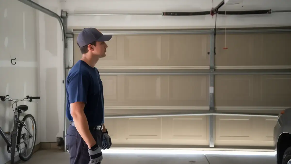 A technician stands in a garage looking at a damaged beige garage door.