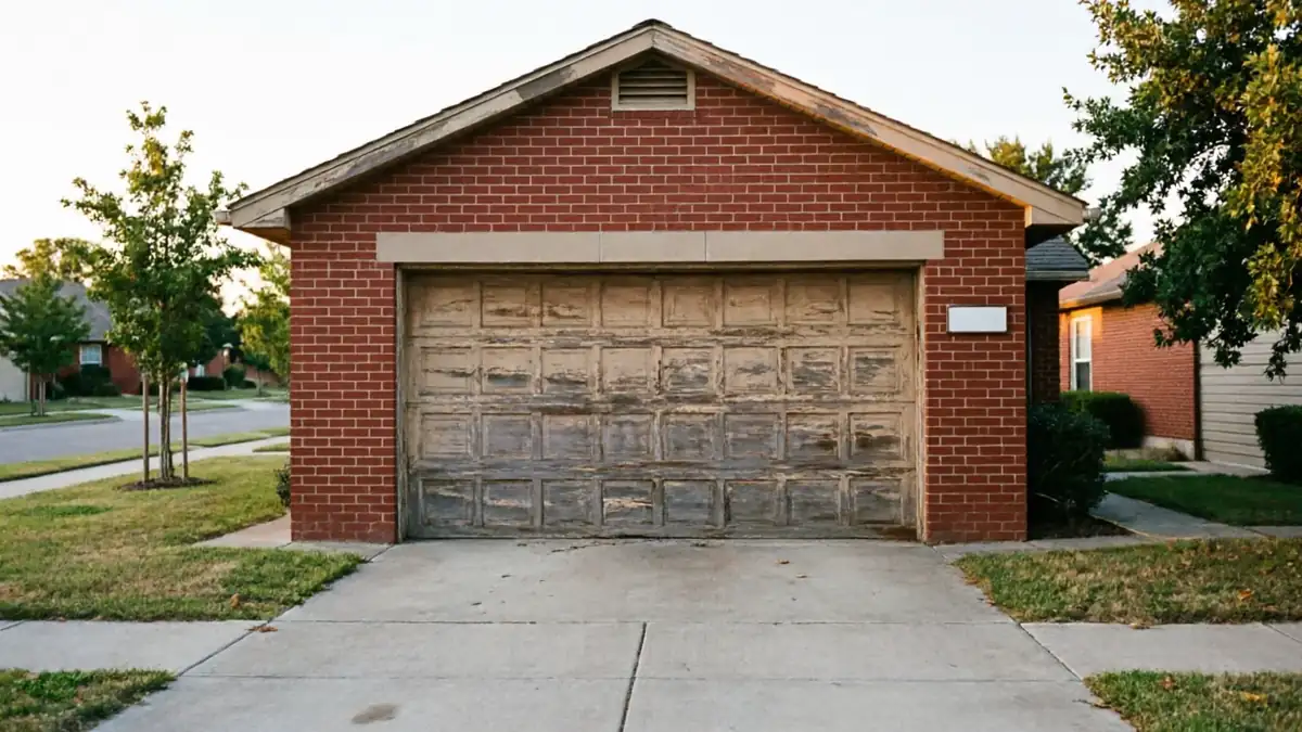 The garage door is old and peeling, set in a red brick house.