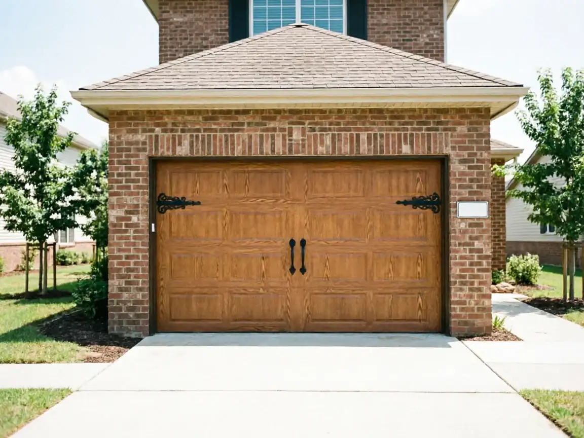 A brown wooden garage door with decorative black hardware is on a brick house.
